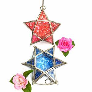 Moroccan Style Stained Glass Metal Star Hanging Tea Light Lanterns Set of 2